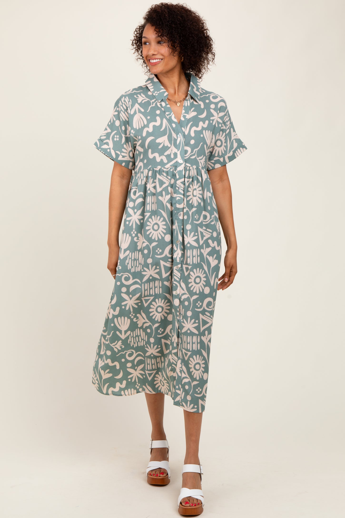 Mint Green Abstract Floral Shirt Maternity Midi Dress