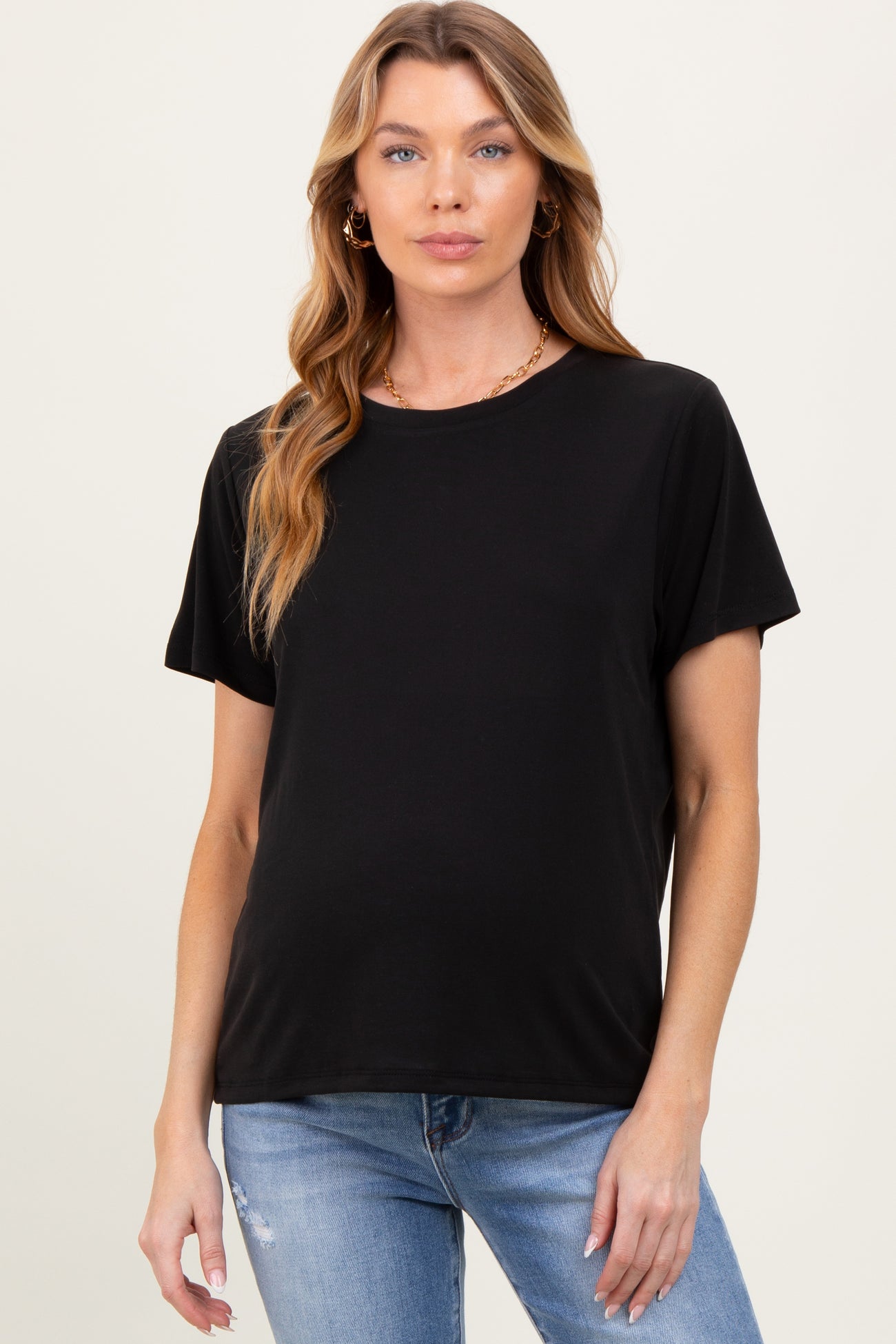 Black Basic Round Neck Short Sleeve Maternity T-Shirt