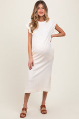 Cream Casual Sleeveless Pocketed Maternity Midi Dress