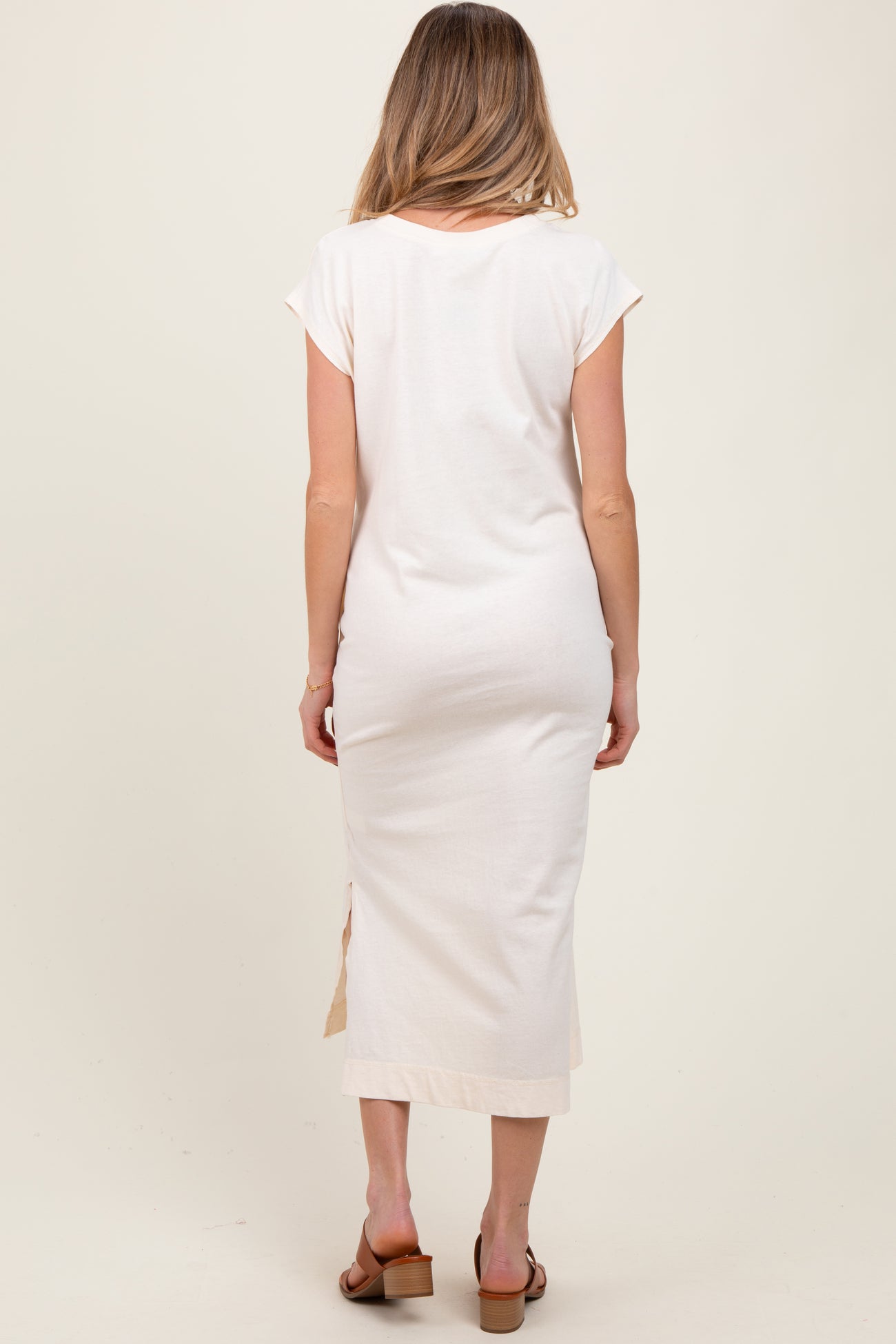 Cream Casual Sleeveless Pocketed Maternity Midi Dress