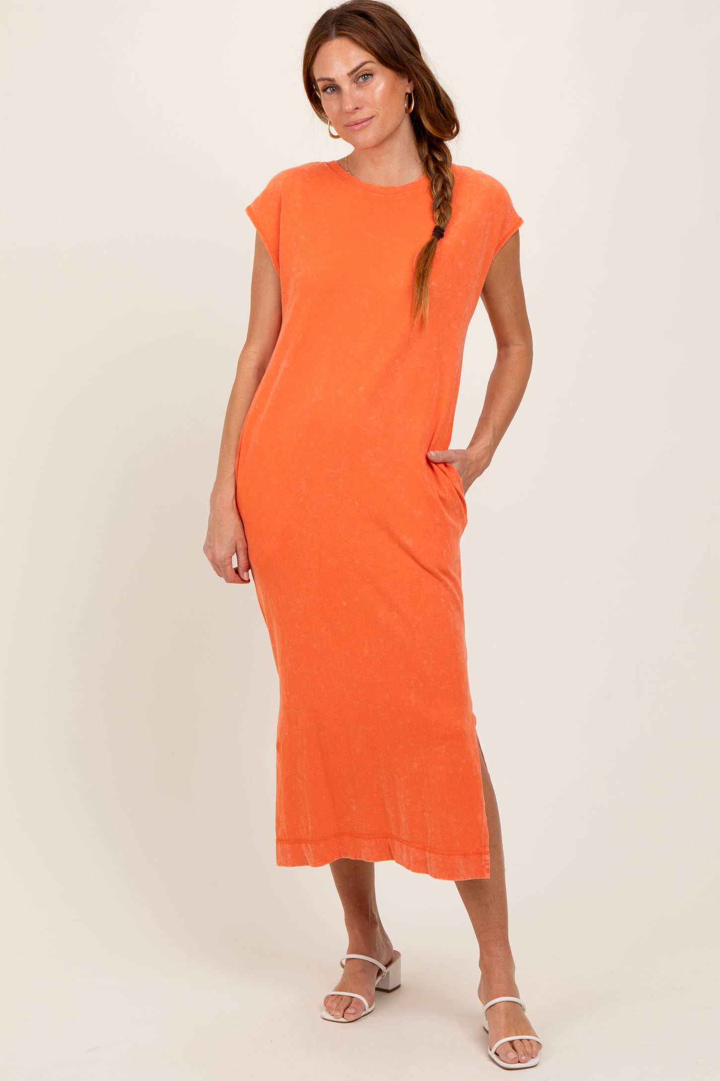 Orange Casual Sleeveless Pocketed Maternity Midi Dress