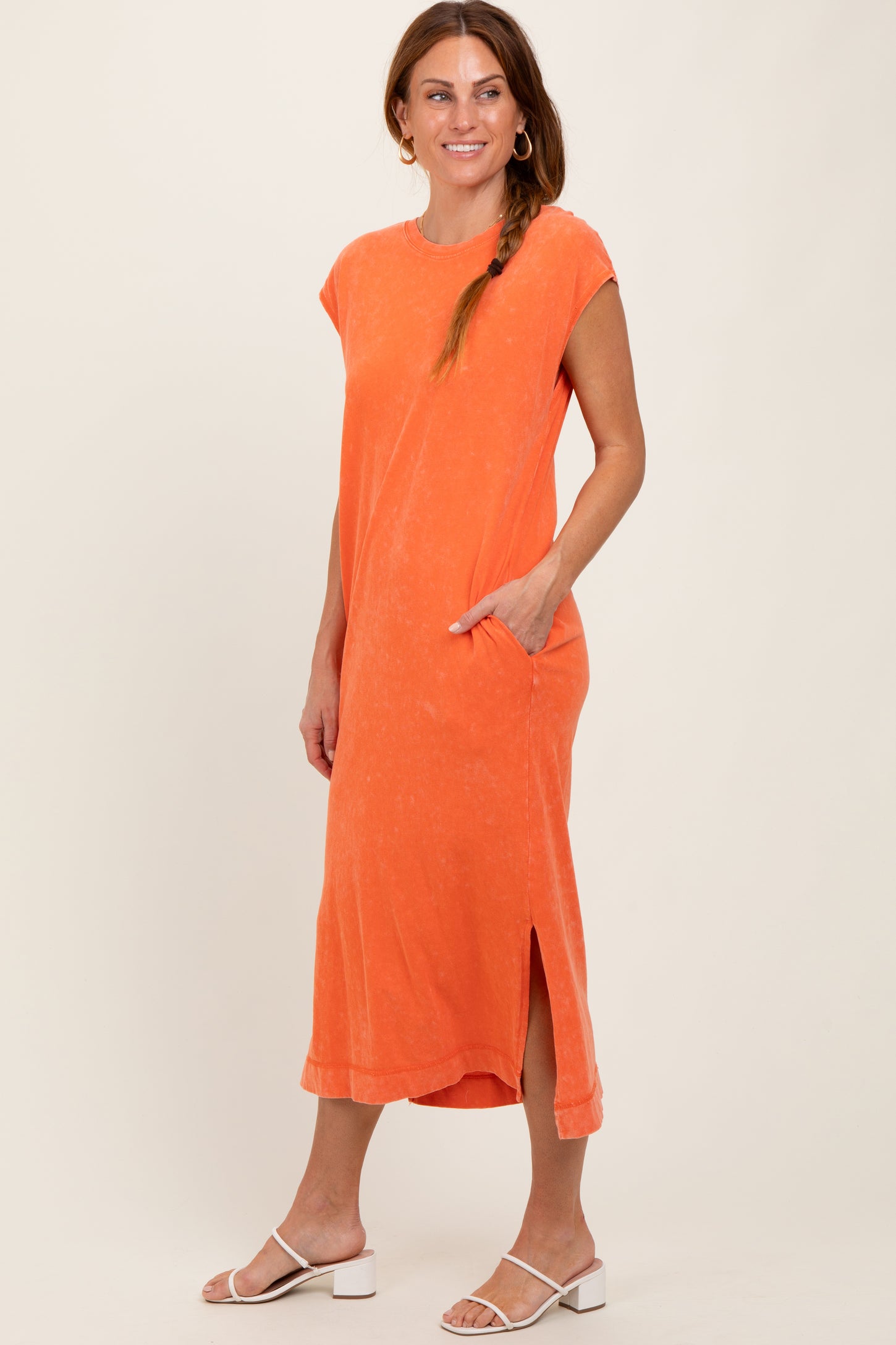 Orange Casual Sleeveless Pocketed Midi Dress