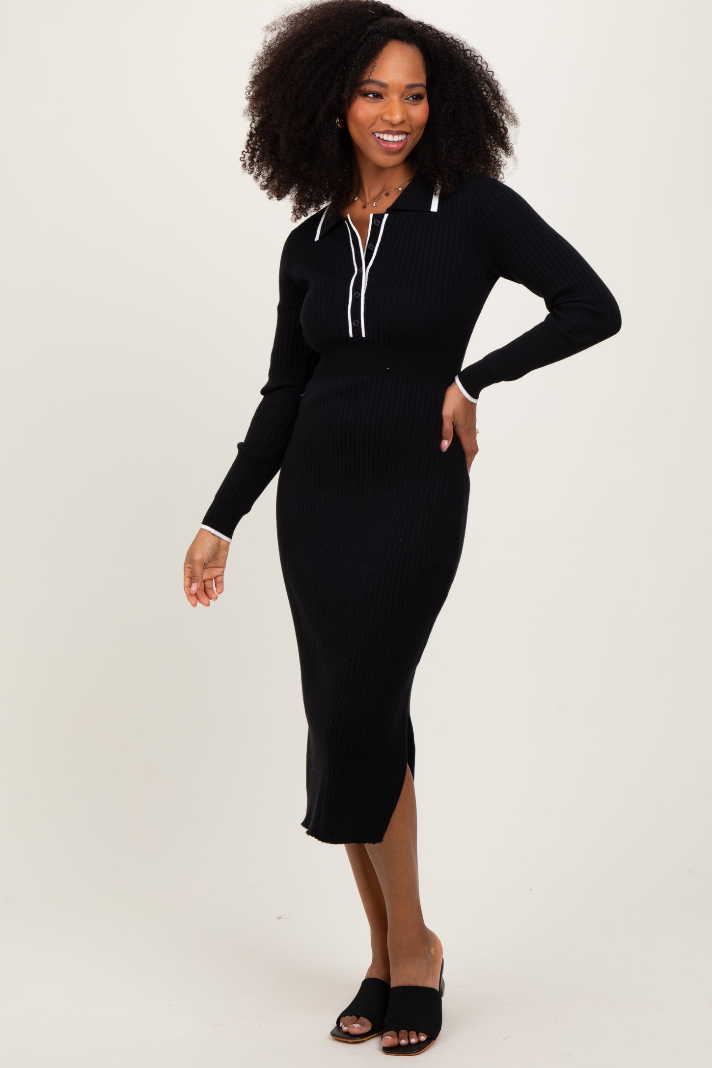 Black White Trim Collared Fitted Dress