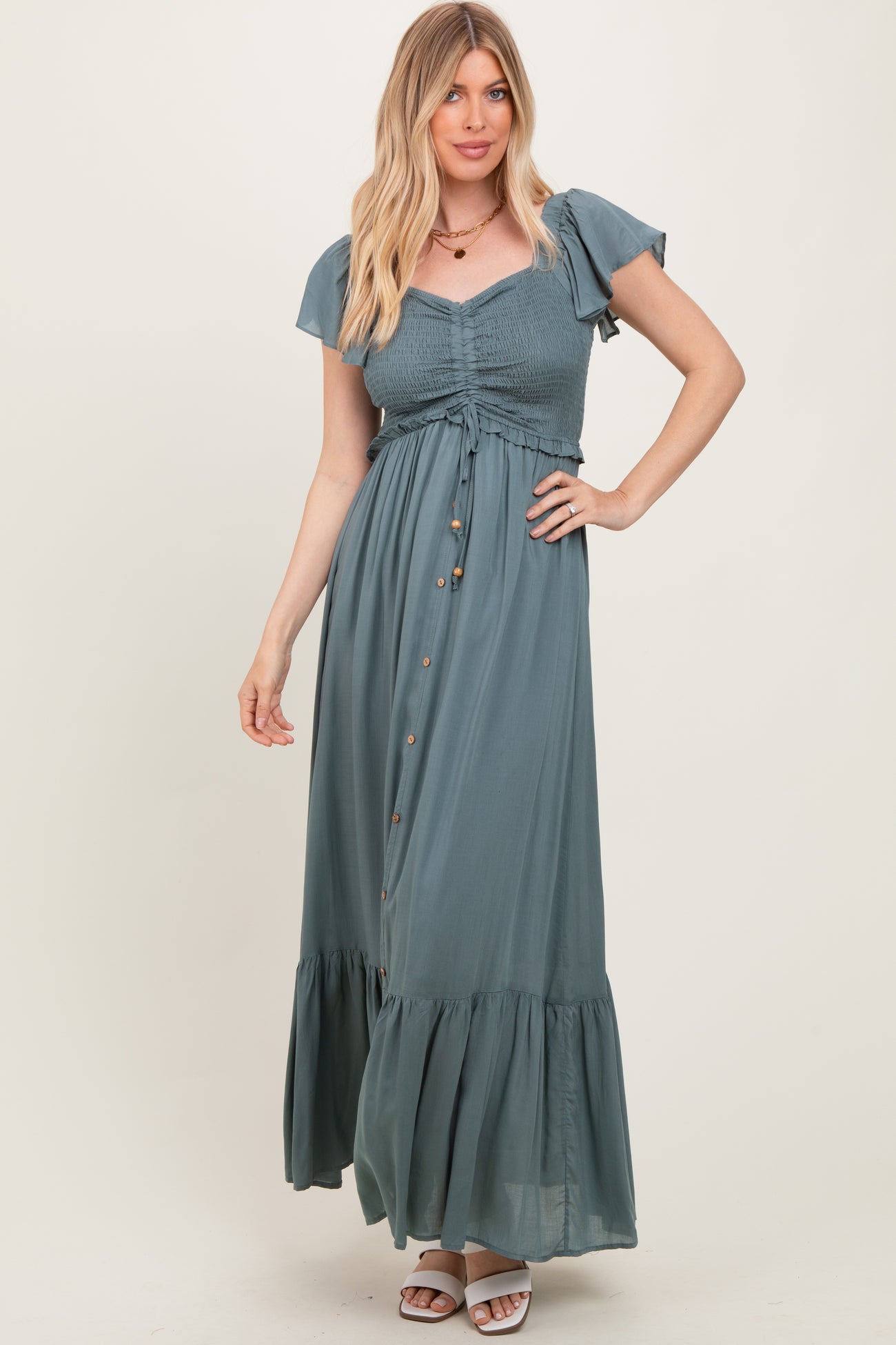 Sage Smocked Top Woven Maternity Maxi Dress