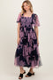 Navy Smocked Top Mesh Ruffled Midi Dress
