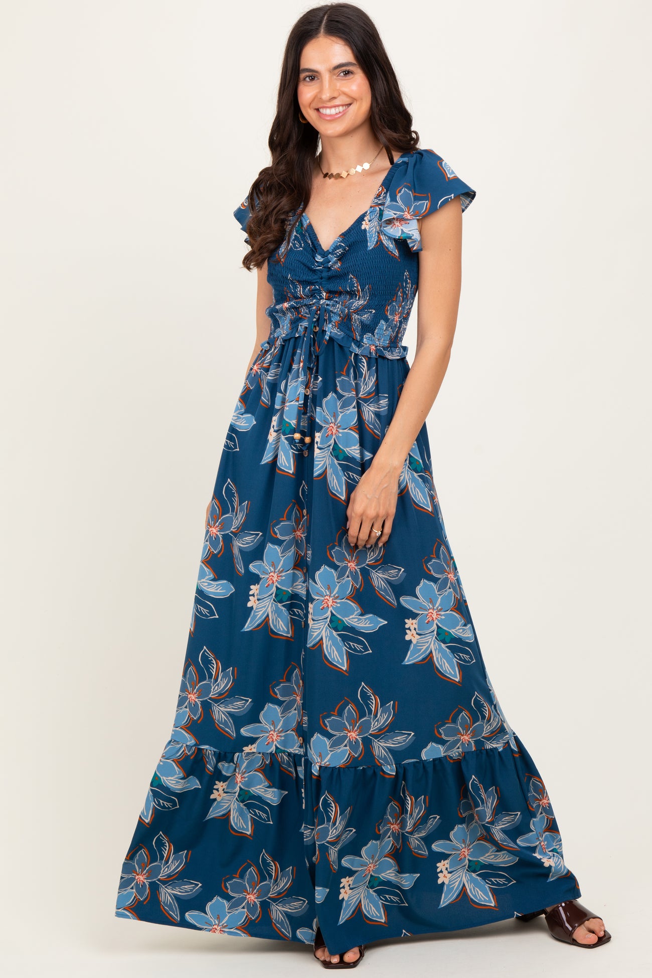 Navy Floral Smocked Cinched Top Maternity Maxi Dress
