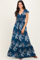 Navy Floral Smocked Cinched Top Maternity Maxi Dress