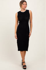 Black Pointelle Contrast Trim Sweater Midi Dress