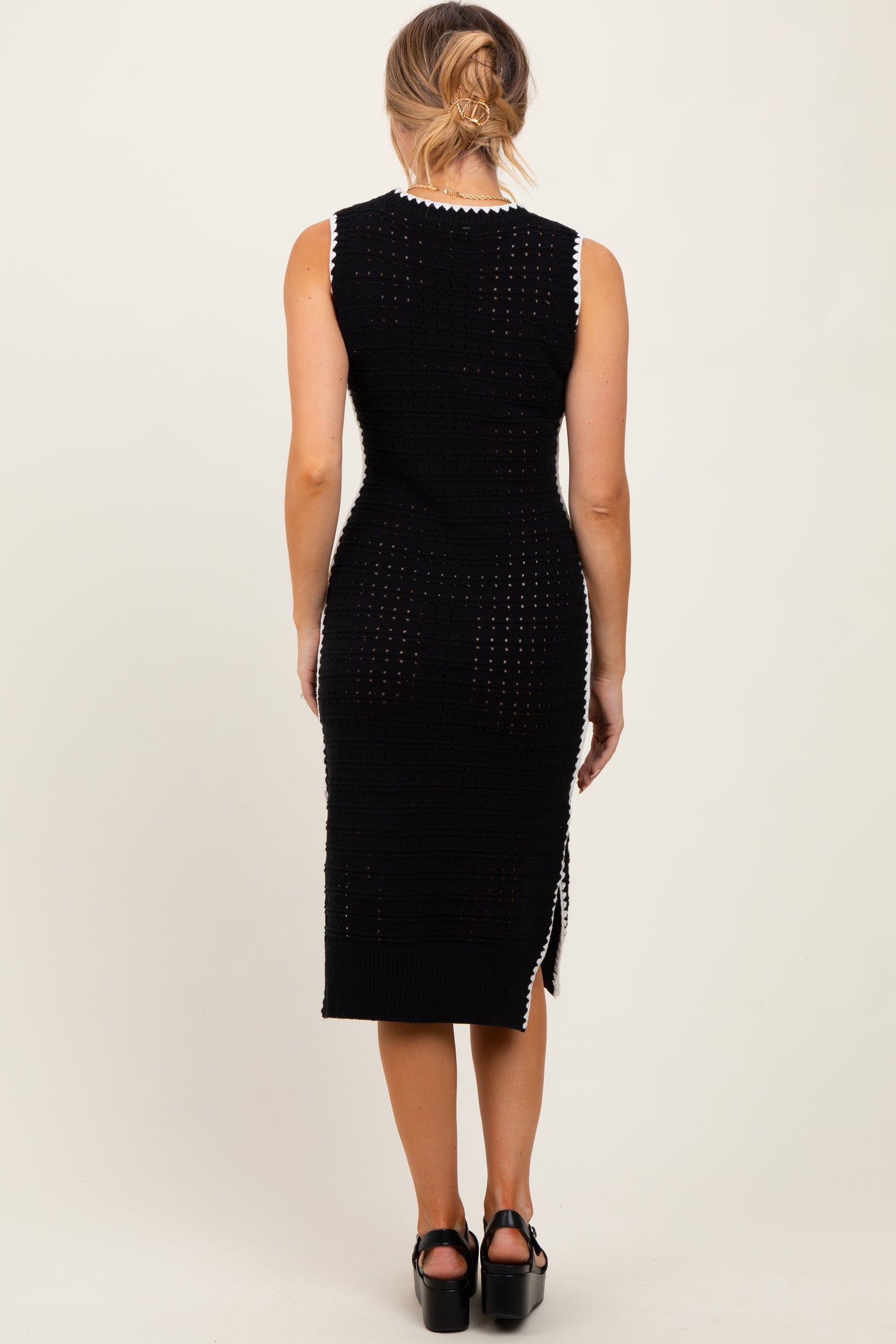 Black Pointelle Contrast Trim Sweater Midi Dress