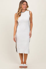 White Pointelle Contrast Trim Sweater Maternity Midi Dress