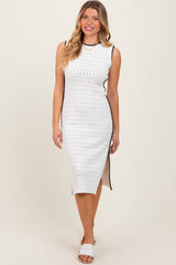 White Pointelle Contrast Trim Sweater Midi Dress