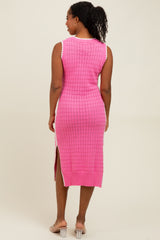 Pink Pointelle Contrast Trim Sweater Midi Dress