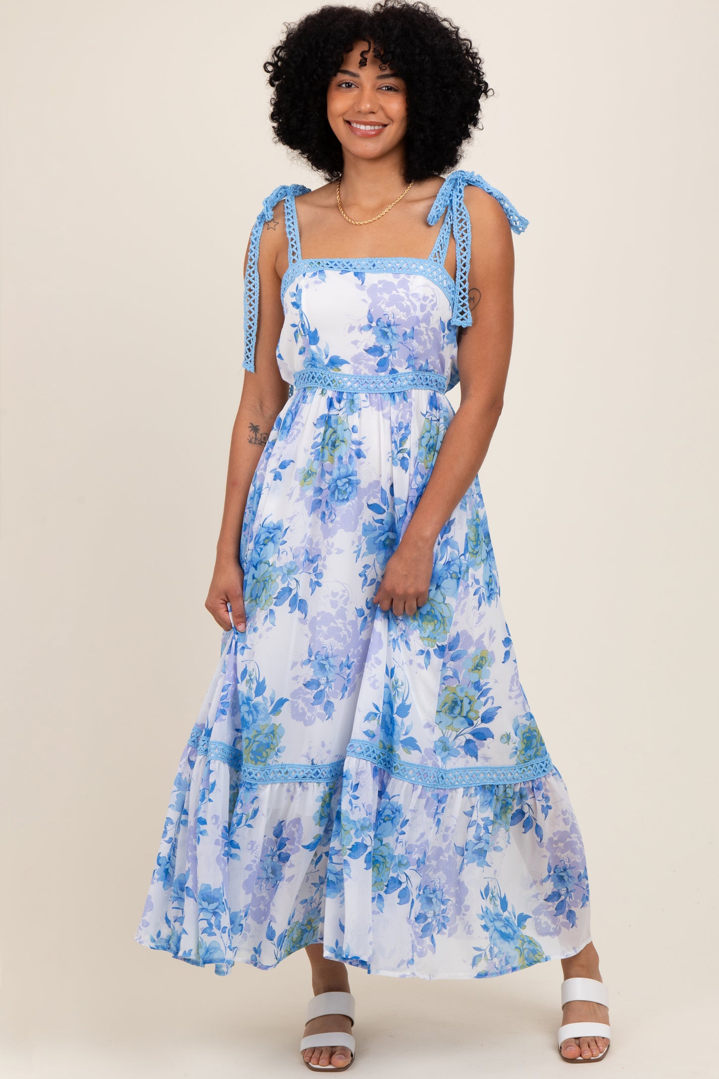 Blue Floral Shoulder Tie Tiered Maternity Maxi Dress