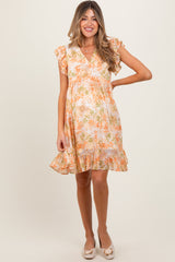 Orange Floral Chiffon Ruffle Short Sleeve Maternity Dress