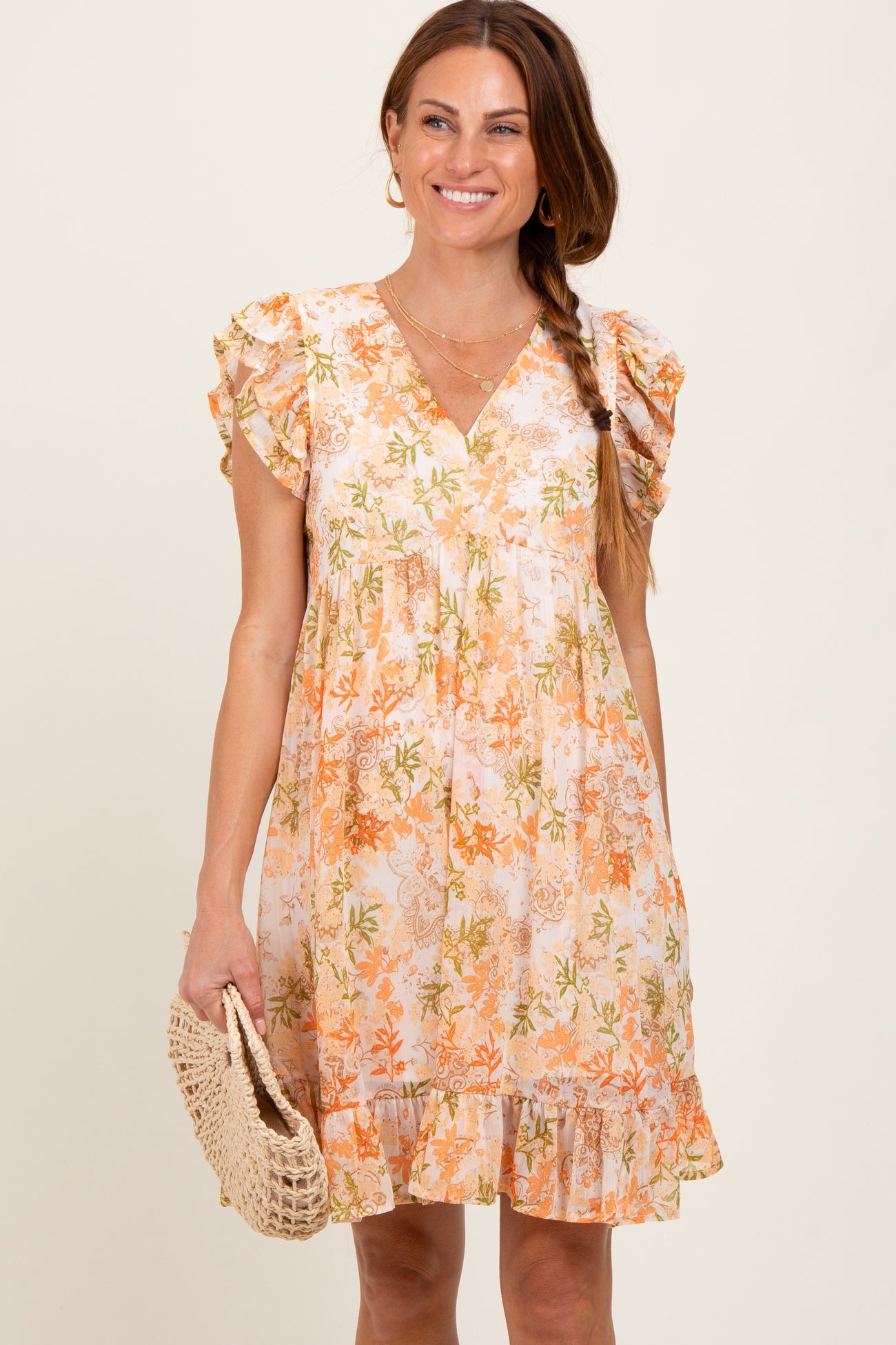 Orange Floral Chiffon Ruffle Short Sleeve Maternity Dress