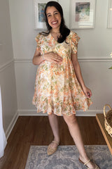 Orange Floral Chiffon Ruffle Short Sleeve Maternity Dress