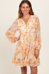 Orange Floral Chiffon Babydoll Long Sleeve Maternity Dress