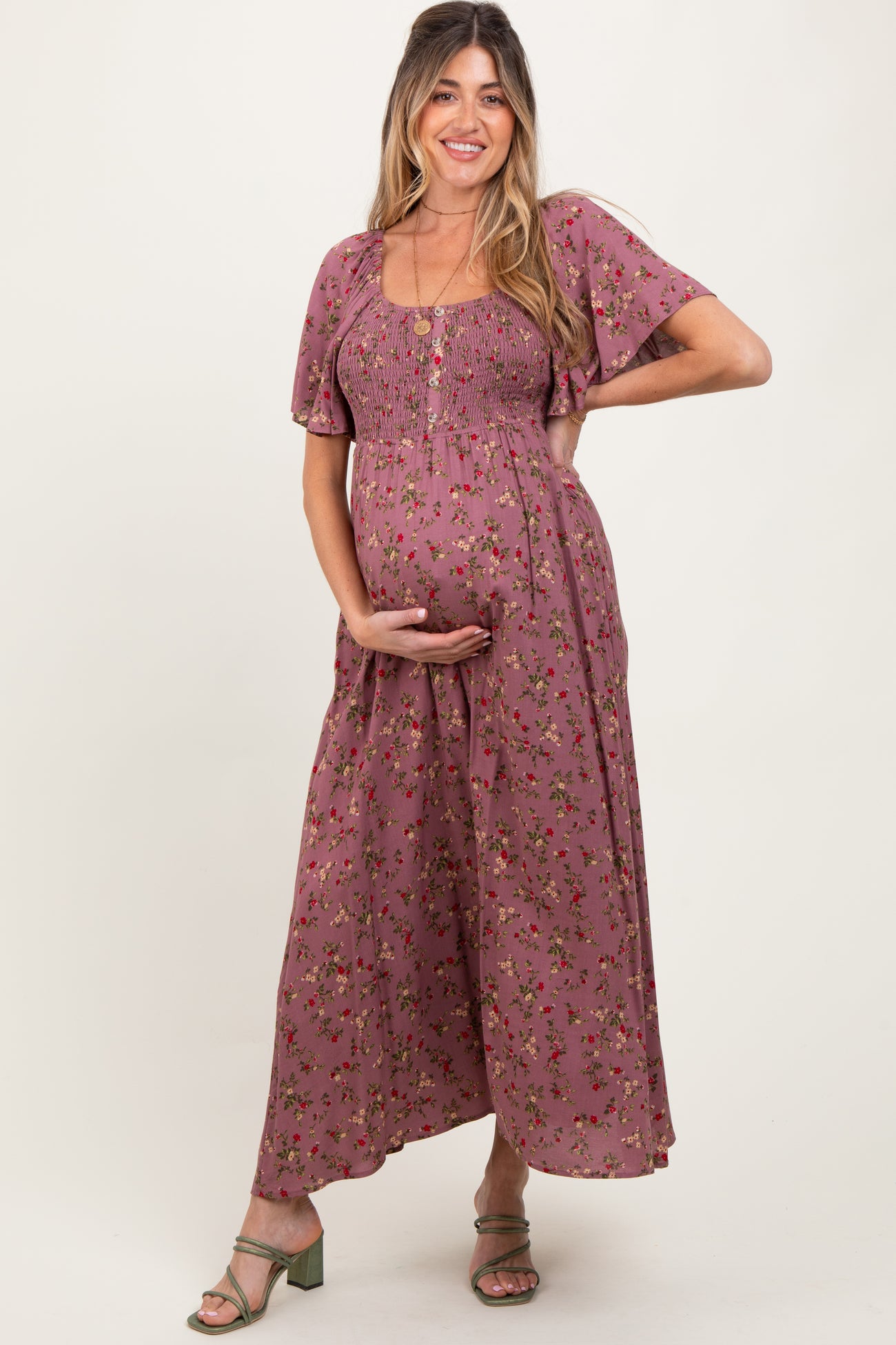 Mauve Floral Smocked Button Front Short Sleeve Maternity Maxi Dress
