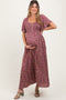 Mauve Floral Smocked Button Front Short Sleeve Maternity Maxi Dress