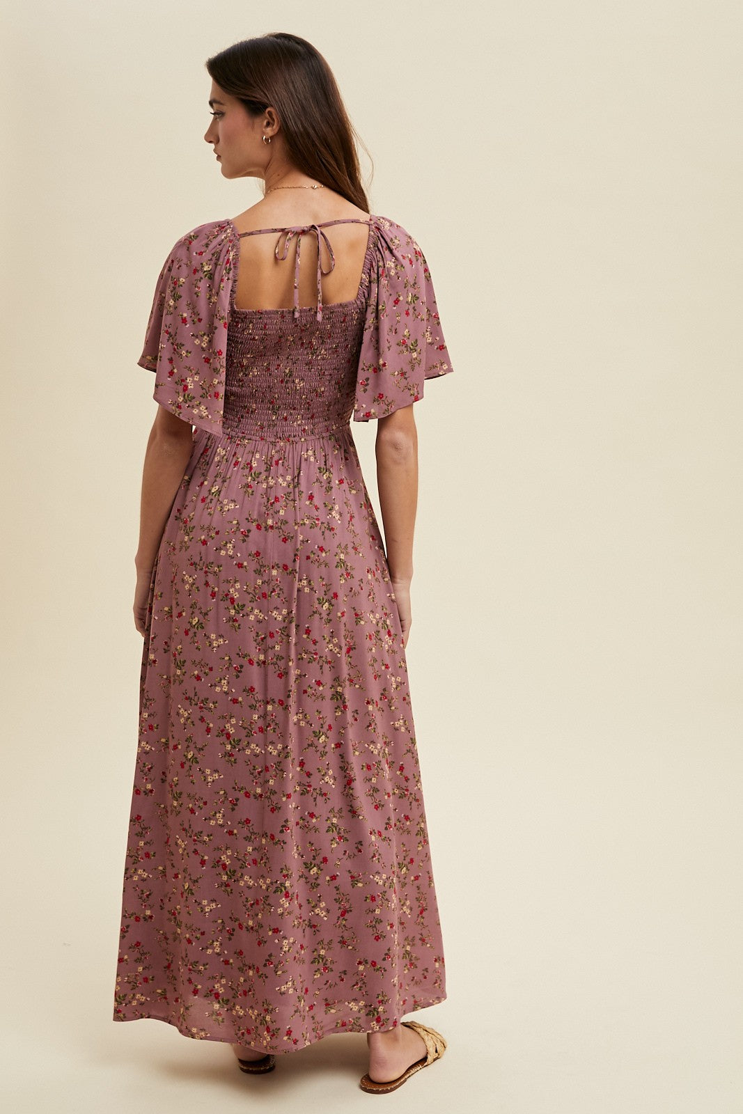 Mauve Floral Smocked Button Front Short Sleeve Maxi Dress
