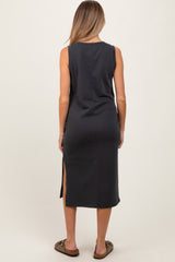 Charcoal V-Neck Sleeveless Side Slit Maternity Midi Dress