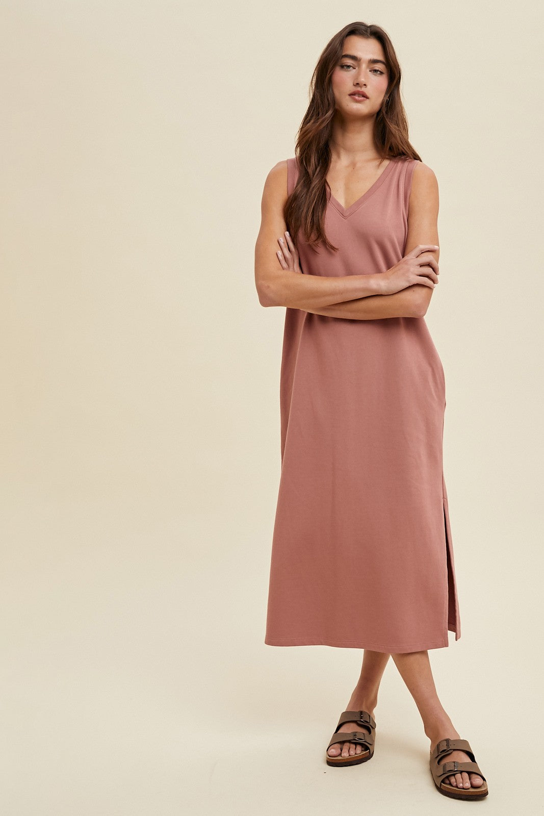 Rust V-Neck Sleeveless Side Slit Midi Dress