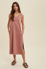 Rust V-Neck Sleeveless Side Slit Midi Dress