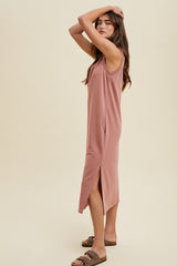 Rust V-Neck Sleeveless Side Slit Midi Dress