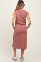 Rust V-Neck Sleeveless Side Slit Maternity Midi Dress