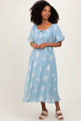 Light Blue Floral Embroidered Puff Sleeve Midi Dress
