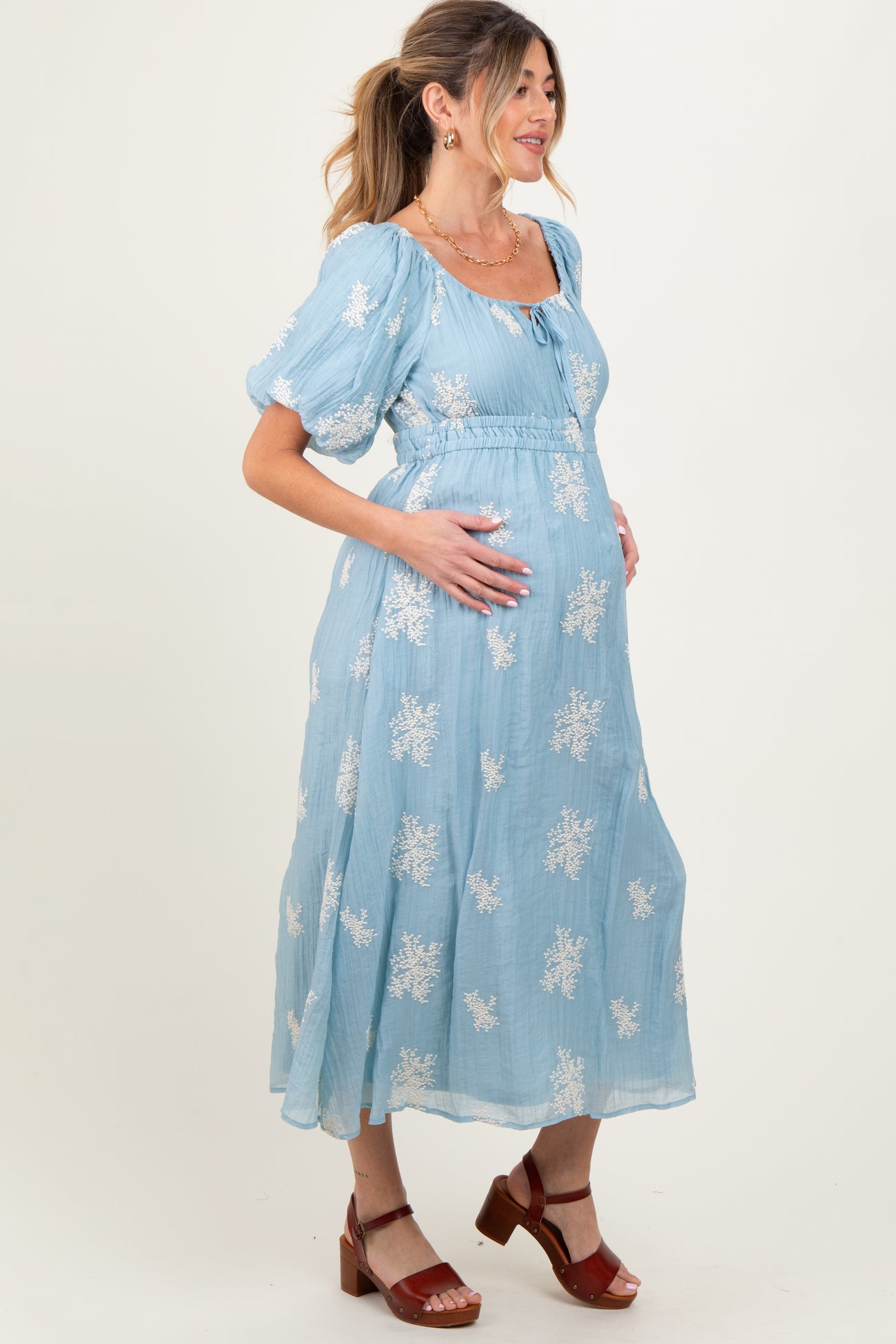 Light Blue Floral Embroidered Puff Sleeve Maternity Midi Dress