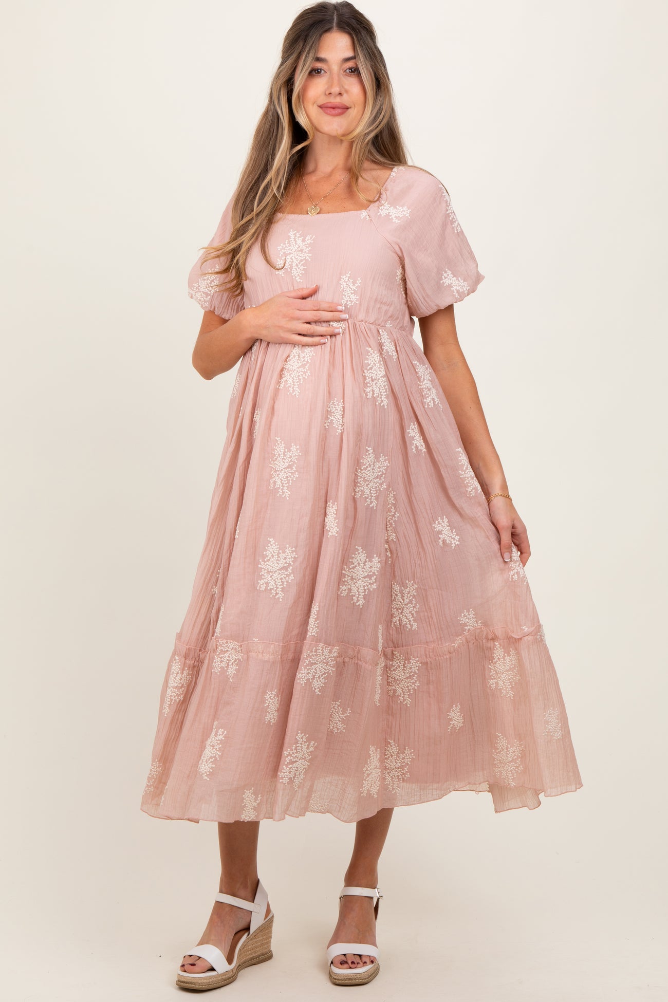 Salmon Floral Print Ruffle Hem Maternity Midi Dress