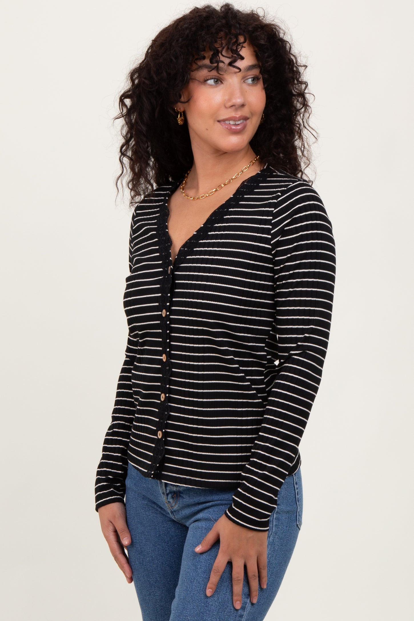 Black Striped Ribbed Long Sleeve Lace Detail Button Down Cardigan
