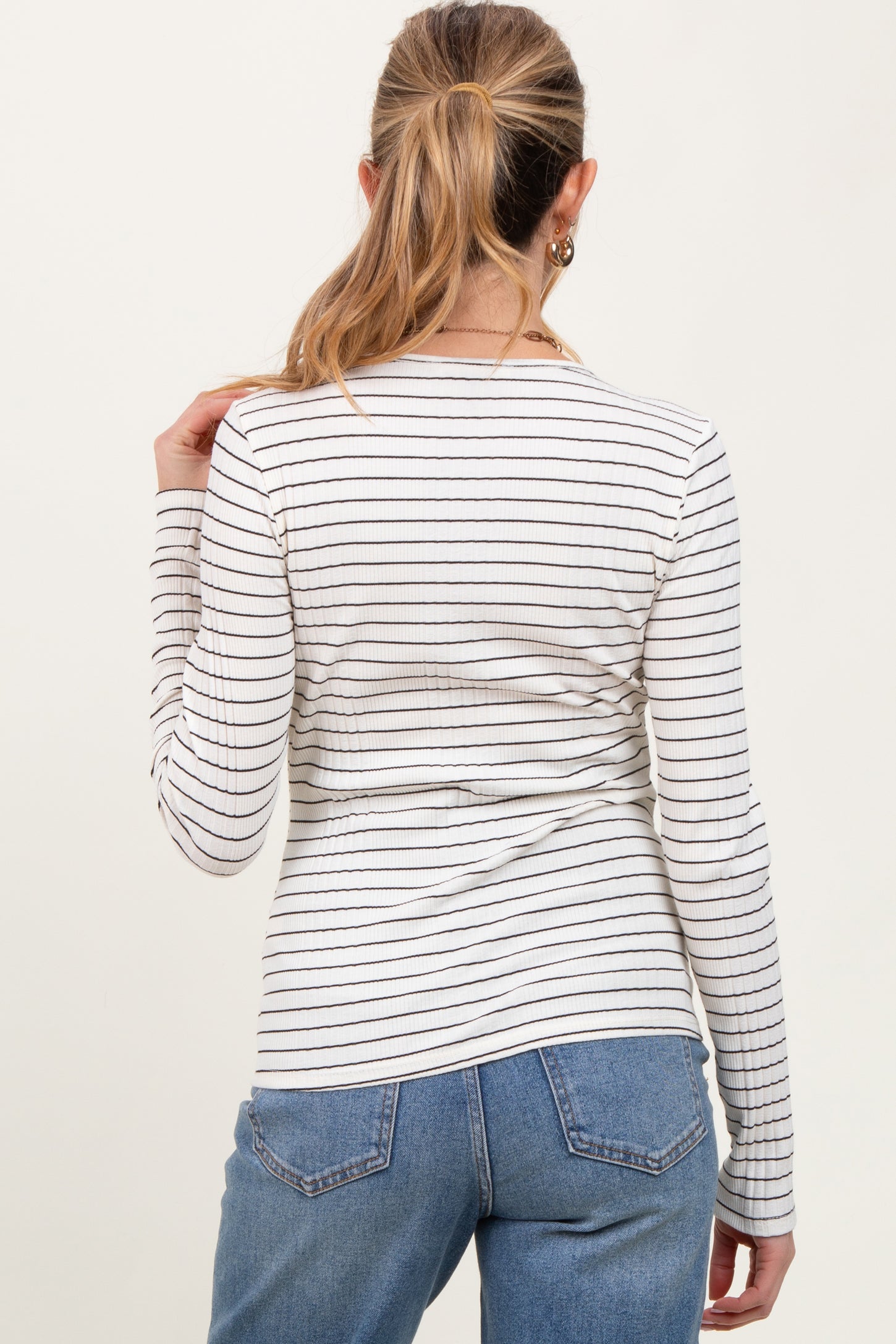 Ivory Striped Ribbed Long Sleeve Lace Detail Button Down Maternity Cardigan