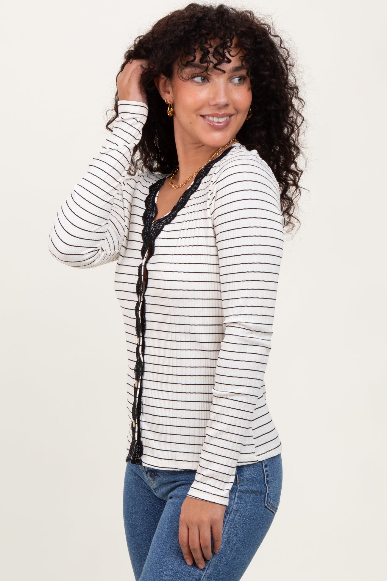 Ivory Striped Ribbed Long Sleeve Lace Detail Button Down Cardigan