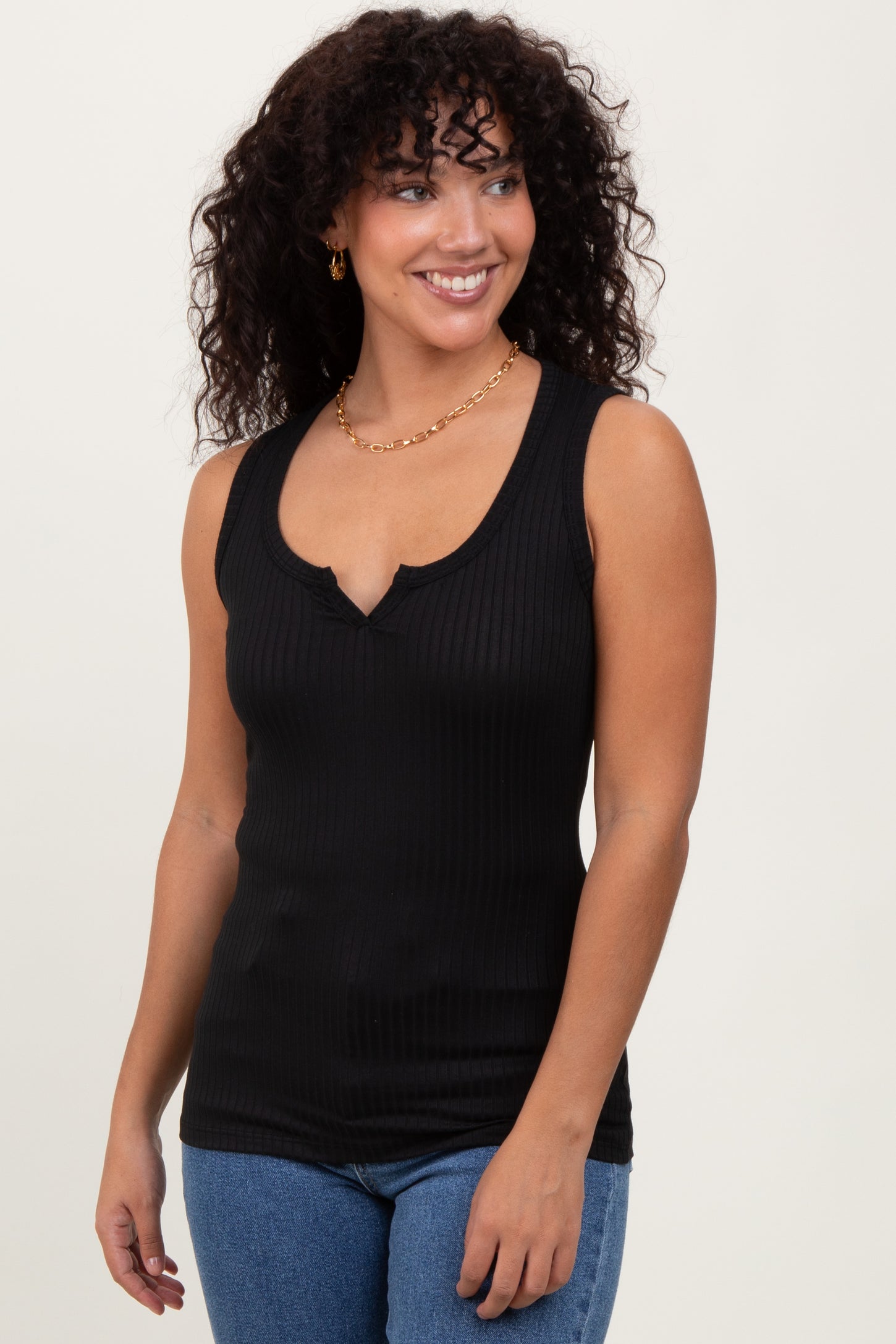 Black Solid Ribbed V-Neck Maternity Tank Top