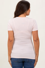 Peach Solid Ribbed Short Sleeve Round Neck Basic Maternity Top