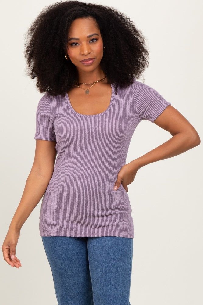 Mauve Solid Ribbed Short Sleeve Round Neck Basic Maternity Top