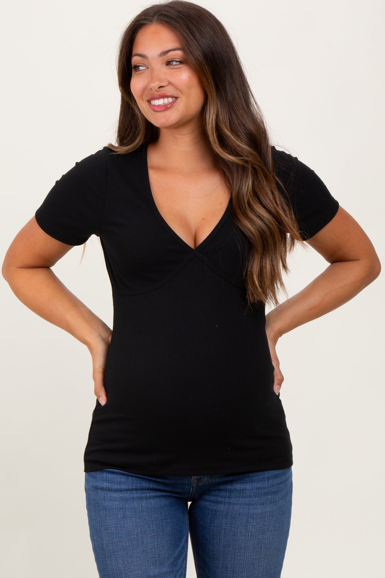 Black Solid Ribbed Short Sleeve V-Neck Basic Maternity Top
