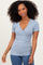 woman wearing a light blue fitted v-neck short sleeve top with ribbed texture and a flattering silhouette