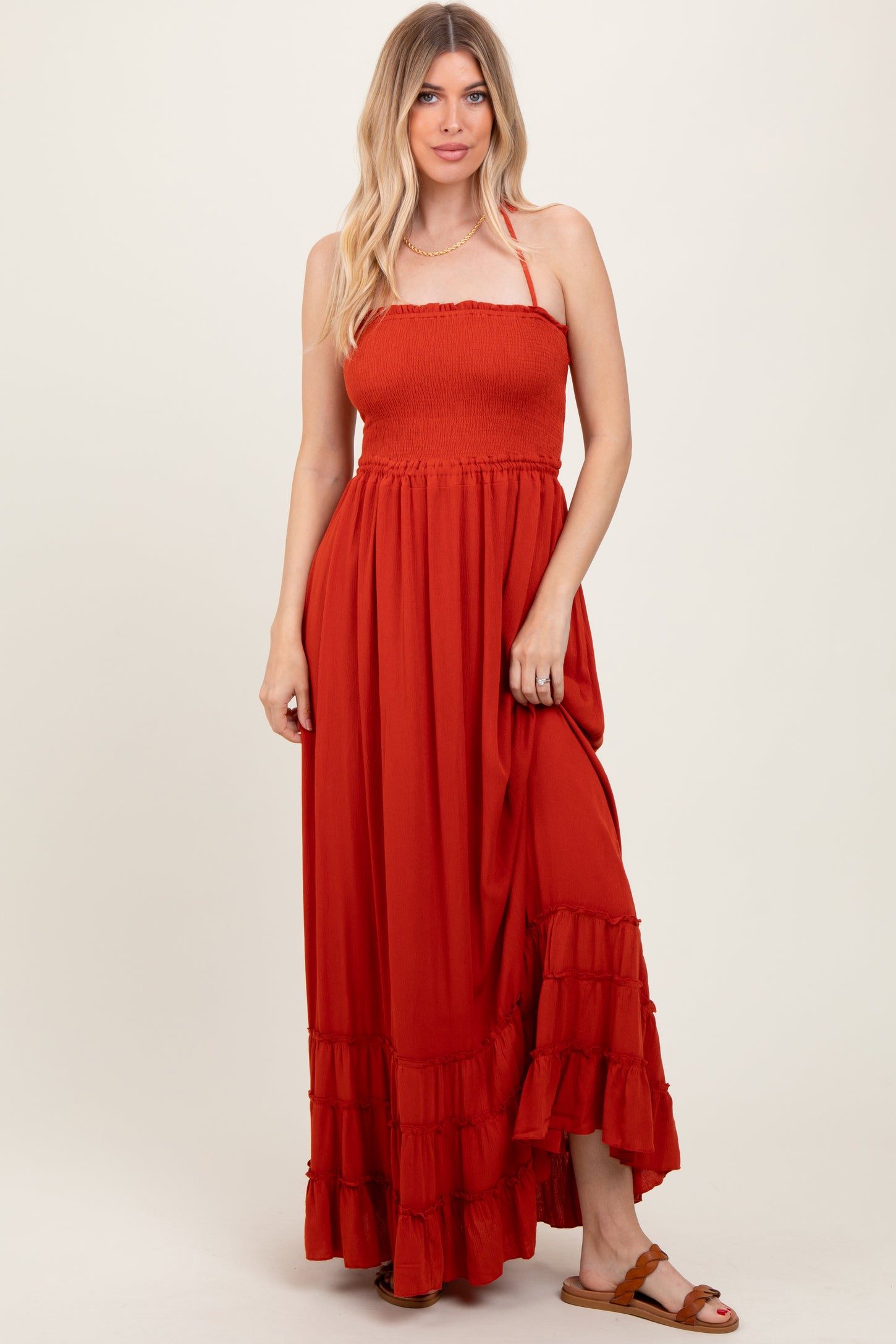 Rust Smocked Woven Maternity Maxi Dress