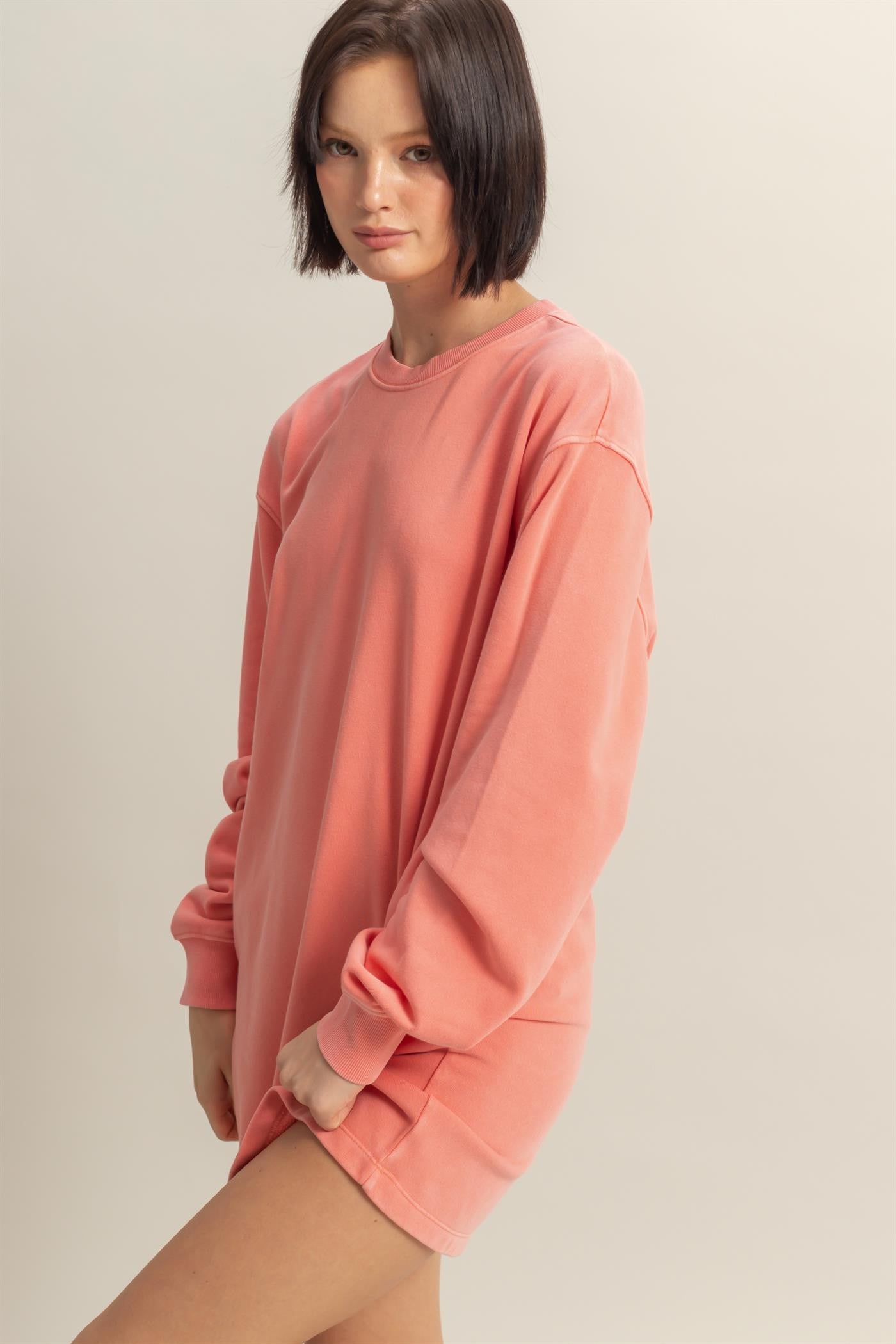 Coral Long Sleeve Oversized Sweatshirt Mini Dress