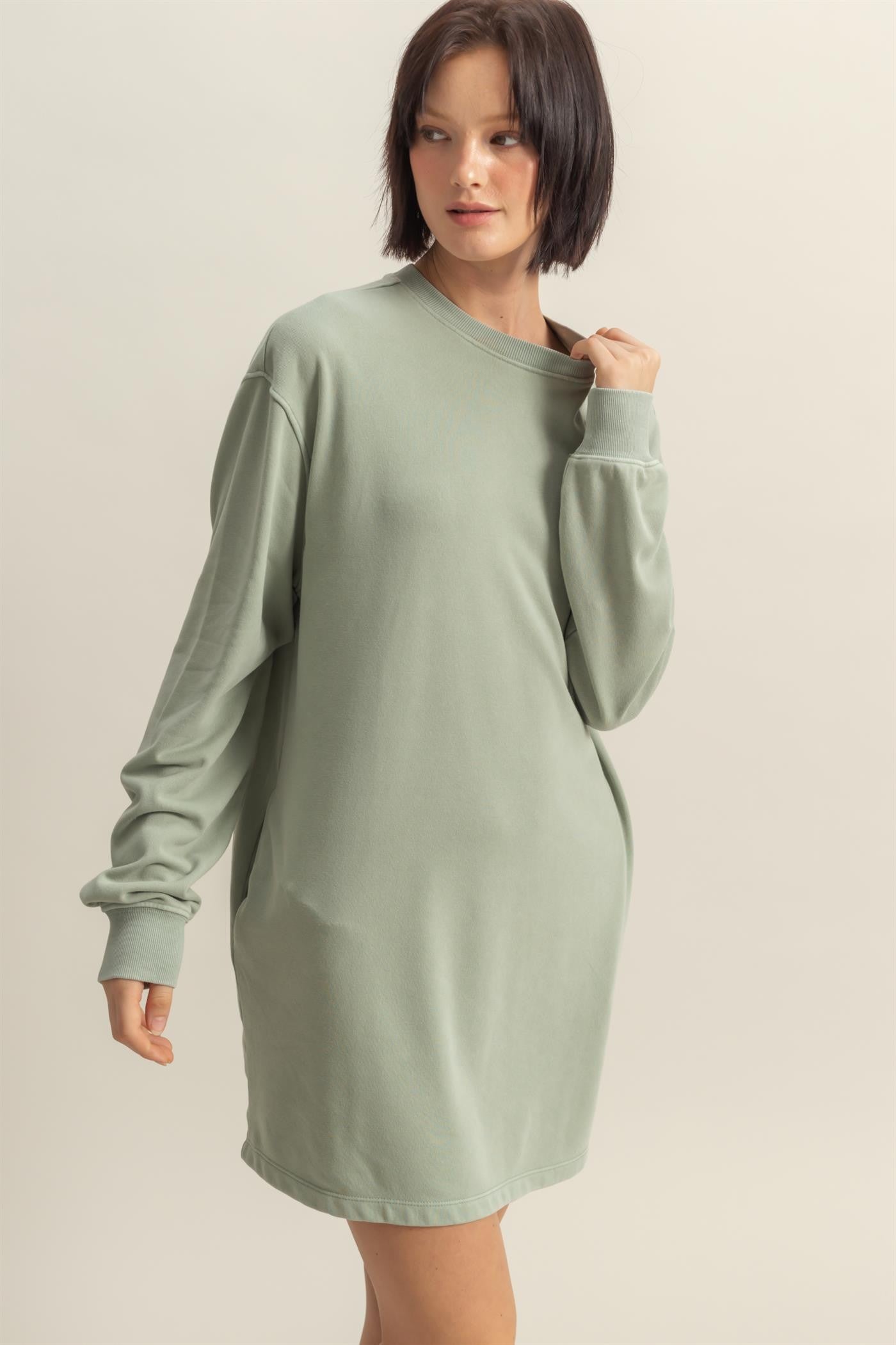 Sage Long Sleeve Oversized Sweatshirt Mini Dress