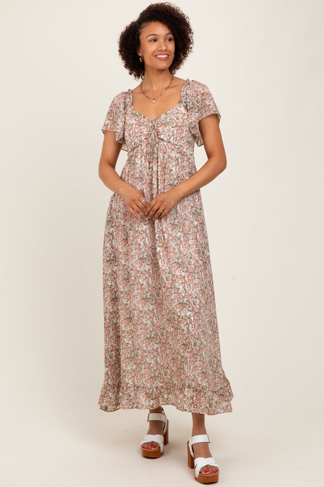 Cream Multi Flutter-Sleeved Smocked Floral Maxi Dress