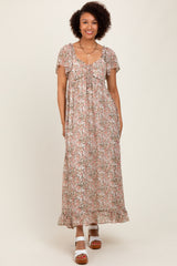 Cream Multi Flutter-Sleeved Smocked Floral Maxi Dress