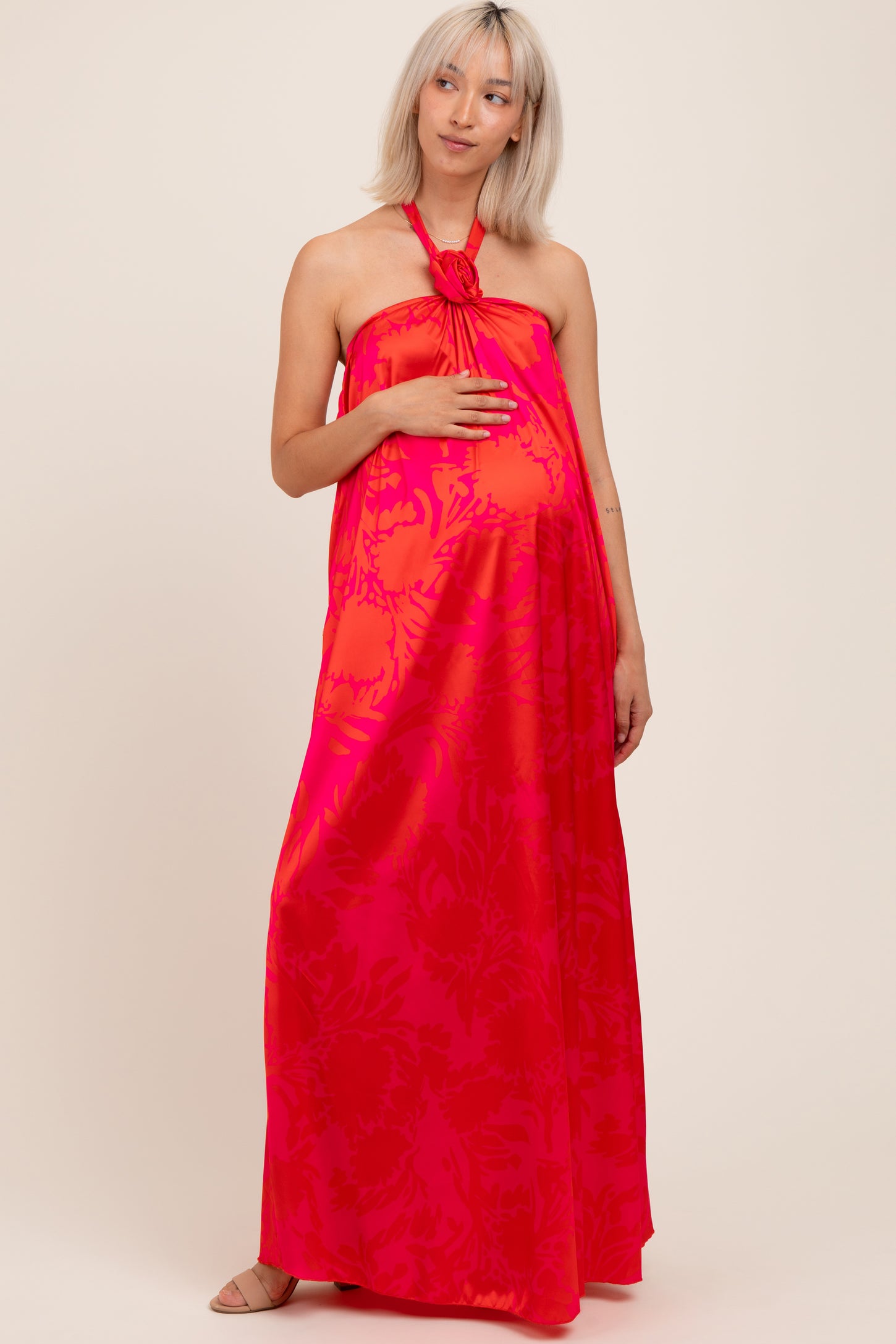 Fuchsia Multi Halter Flower Neck Accent Maternity Maxi Dress