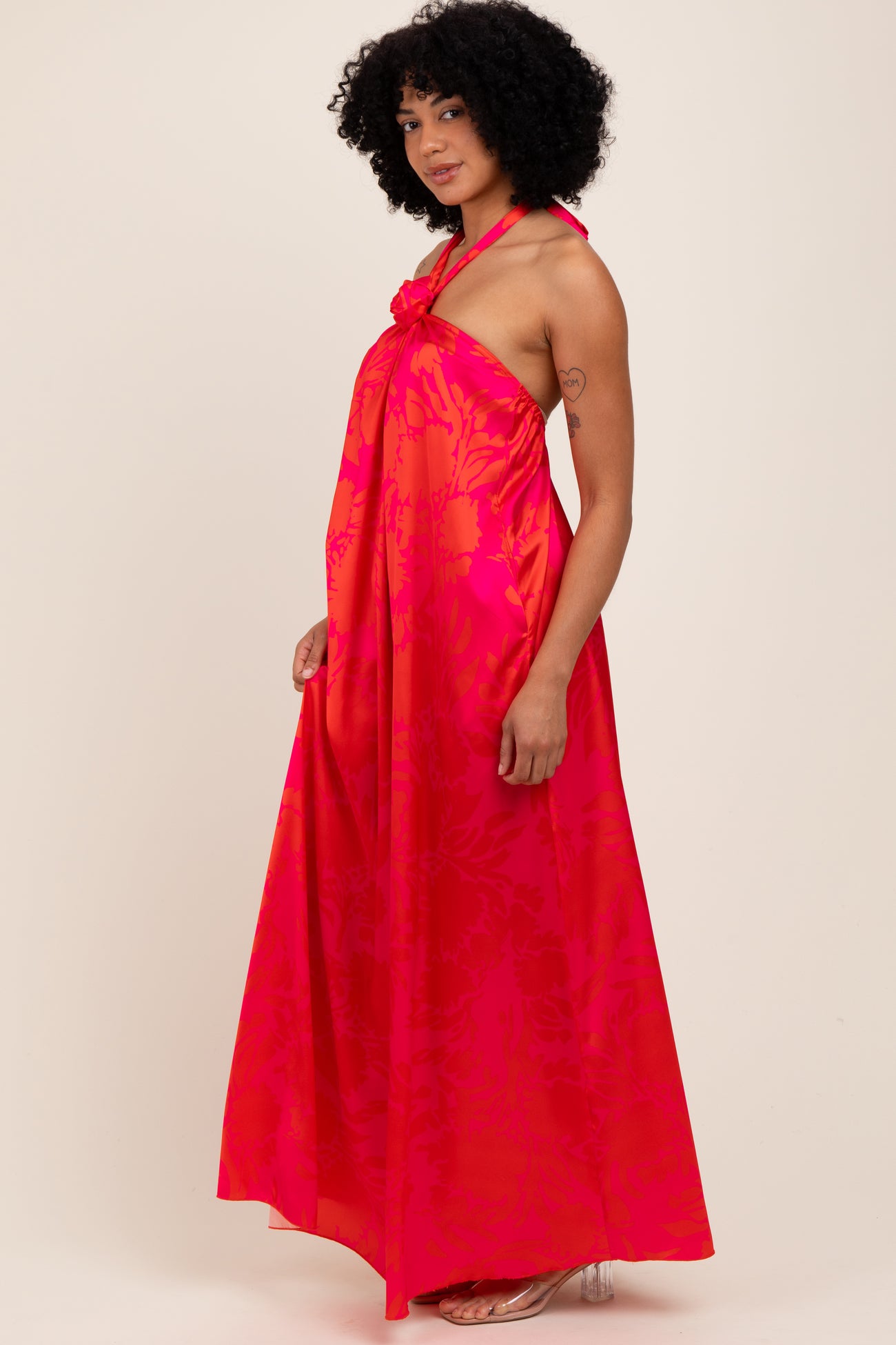 Fuchsia Multi Halter Flower Neck Accent Maxi Dress