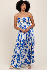 Blue Strapless Back Tie Maternity Maxi Dress