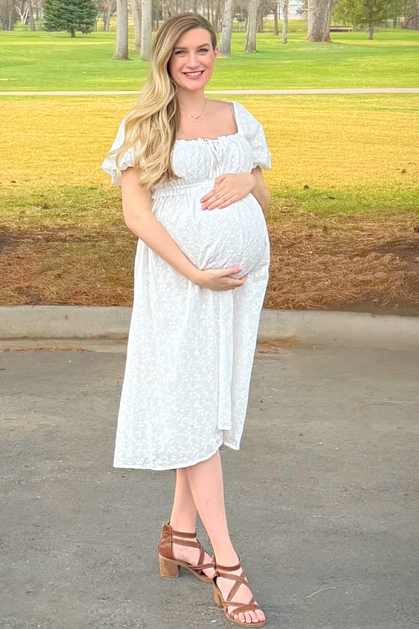 White Eyelet Lace Puff Sleeve Maternity Midi Dress