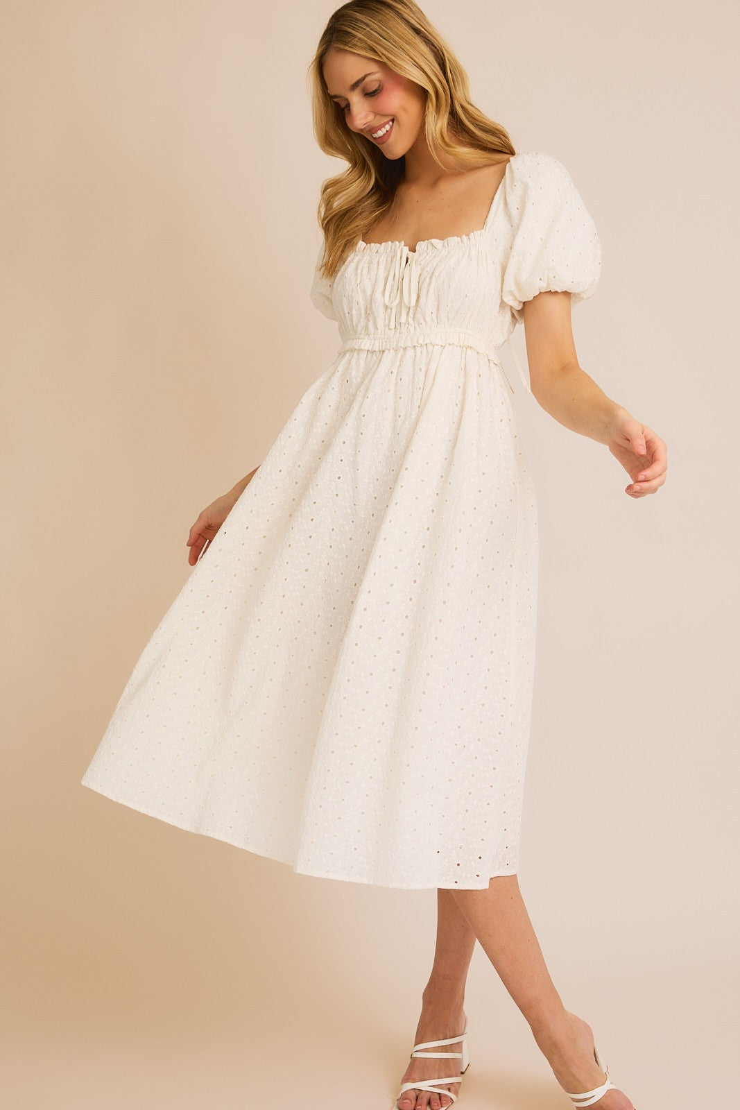 White Eyelet Lace Puff Sleeve Midi Dress